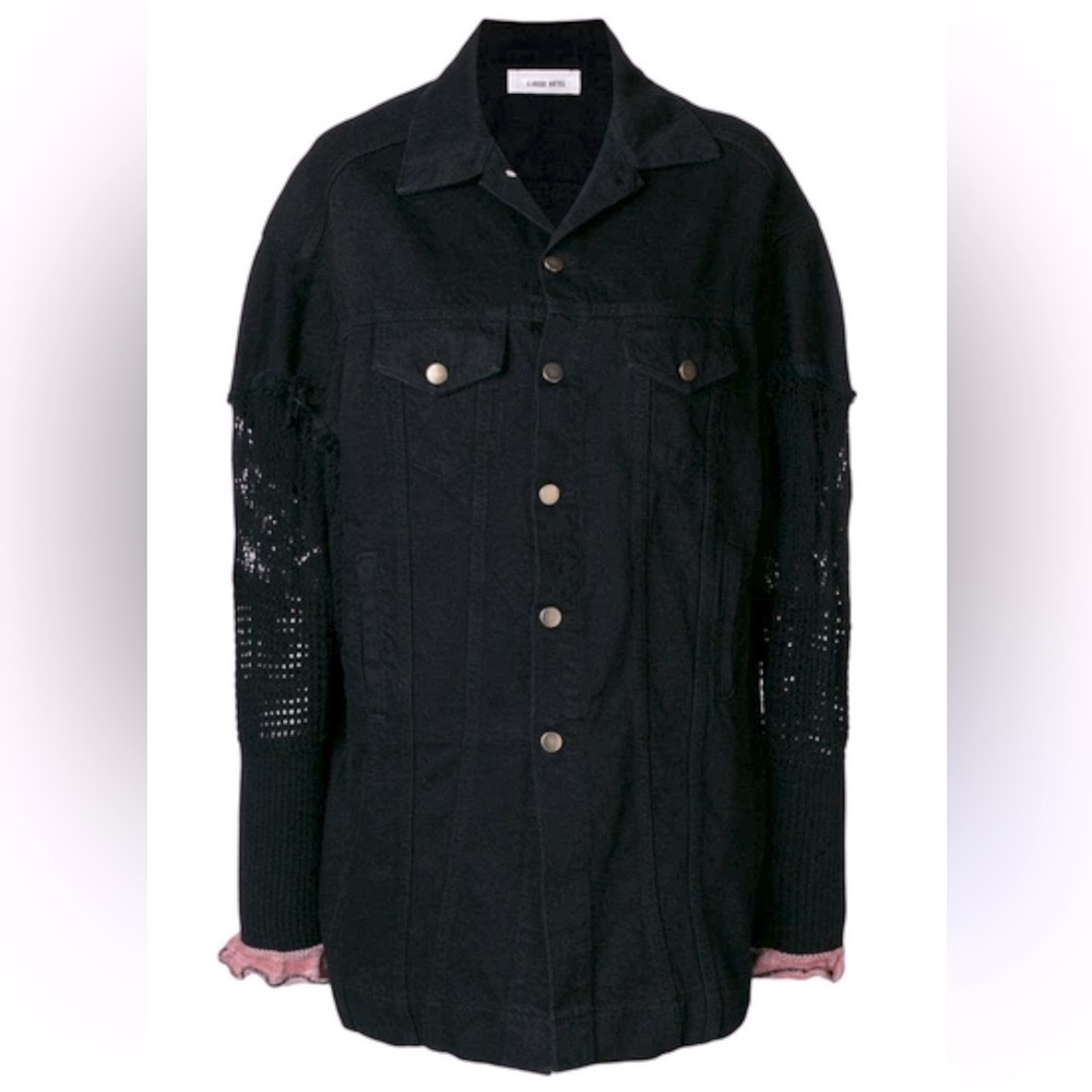 NWOT CIRCUS HOTEL Oversized Denim Jacket Crochet Sleeves in Black Size XS